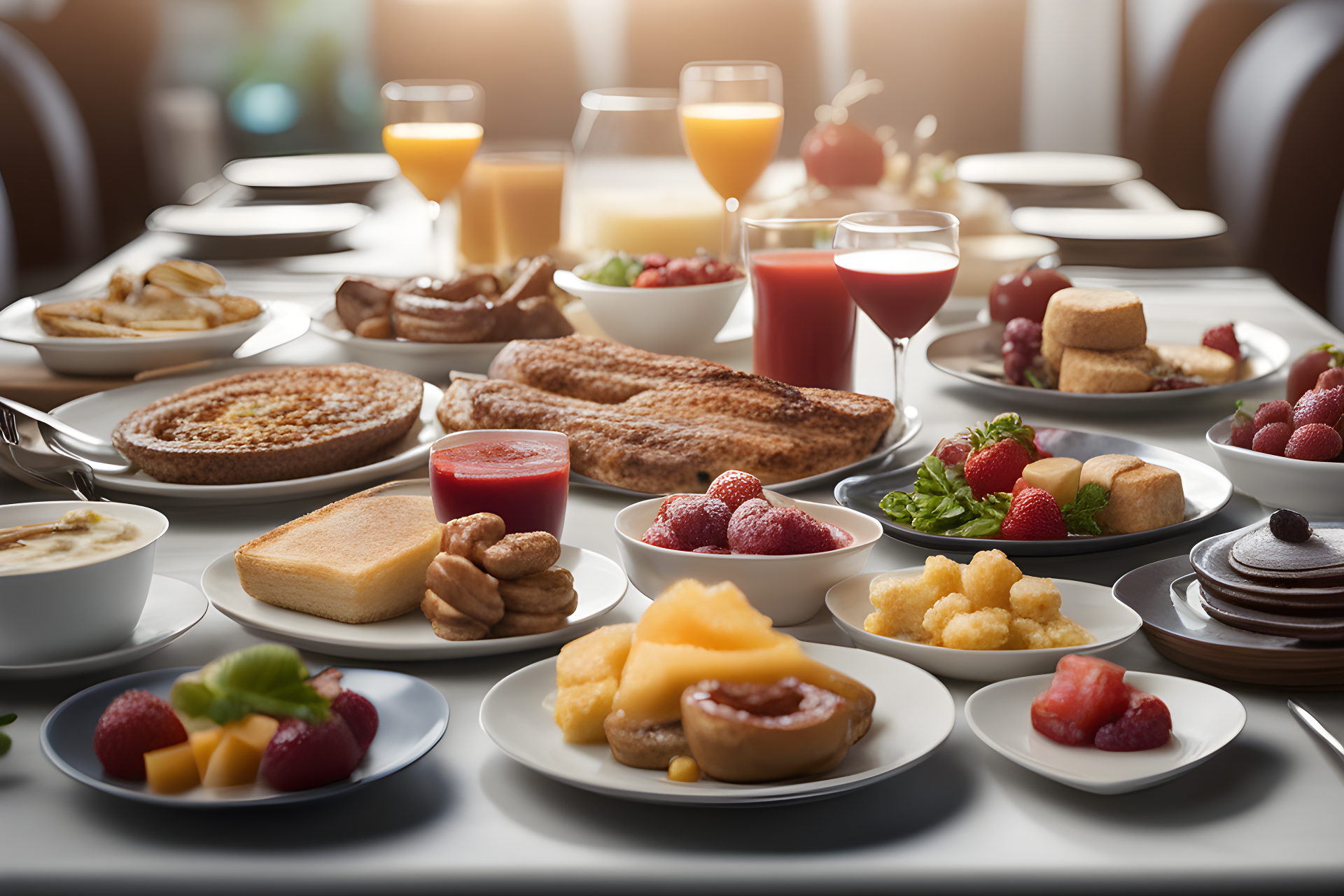 variety of the most delicious yet healthy looking assortment of food including breakfast, lunch, dinner, desserts, and drinks all set out on one long table realistic photo of, award winning photograph, 50mm, Cinematic Lighting