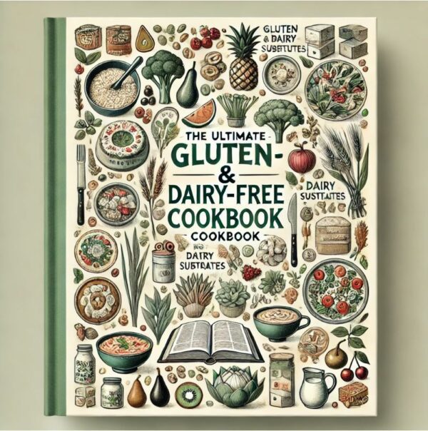 gluten and dairy free Cover of The Ultimate Gluten & Dairy-Free Cookbook shows illustrations of foods and ingredients such as vegetables, grains, and spices around its title.